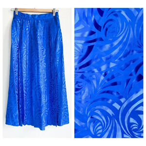 Vintage Bright BLue SILK Embossed Pleated Midi Skirt S